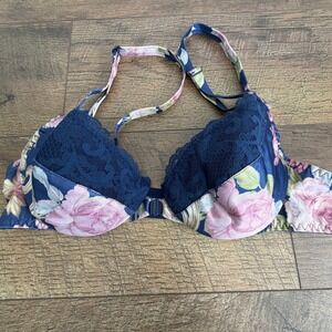 Vintage Maidenform Sweet Nothings Navy Floral Lace Front Clasp Bra 36A 6887